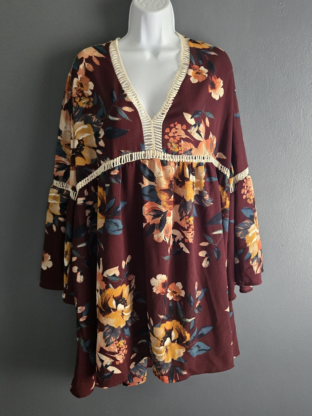 Burgundy Floral Babydoll Bell Sleeve Boho Chic Whimsigoth Tunic Dress 3X